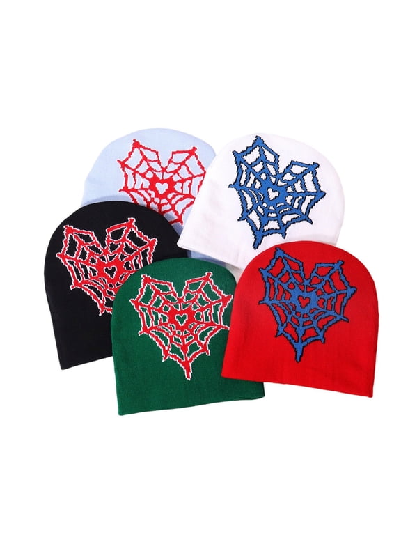 Unisex Knitted Beanie Heart Spider Web Patterned Knitted Hats Winter Outdoors Soft Warm Skull Cap