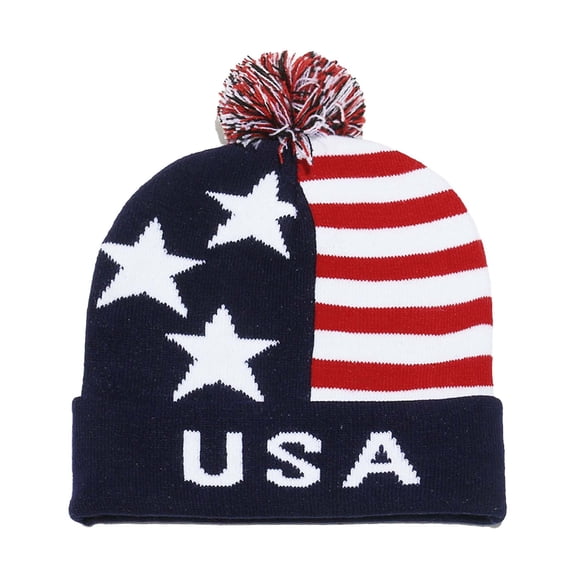 QQAMB Unisex Stripes and Stars American Americana Flag Knit Beanie Hat with Pom