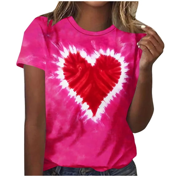 QQAMB Valentines Shirts for Women Plus Size Cute Love Heart Print Blouses Short Sleeve Casual Fashion Tunic Tops Hot Pink 3XL