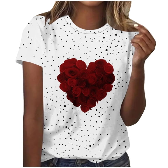 QQAMB Valentines Shirts for Women Plus Size Cute Love Heart Print Blouses Short Sleeve Casual Fashion Tunic Tops White 3XL