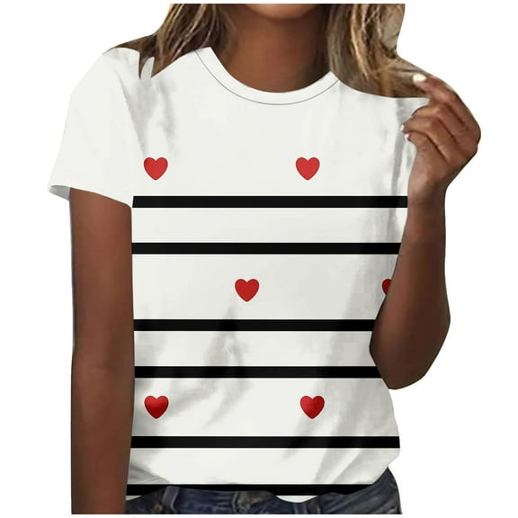 QQAMB Valentines Shirts for Women Plus Size Cute Love Heart Print Blouses Short Sleeve Casual Fashion Tunic Tops White 3XL