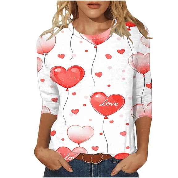 QQAMB Valentines Shirts for Women Trendy Cute Love Heart Print Tunic Tops Plus Size Casual Summer 3/4 Sleeve Blouse Red L