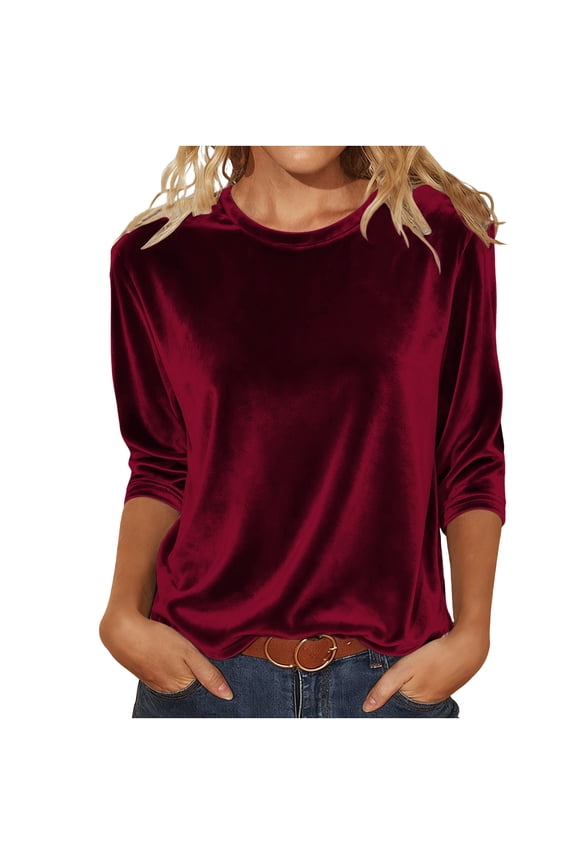 Velvet Tops for Women Crewneck Long Sleeve Velour Shirt Ladies Dressy Casaul Blouses Solid Color Loose Fall Blouse Wine XL