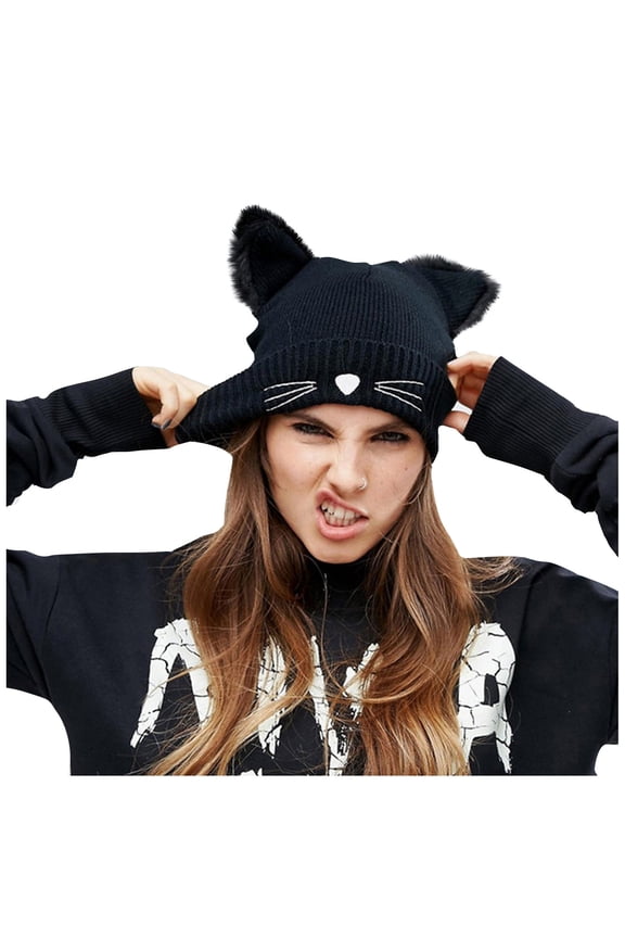 Winter Hats Cute Cat Ear Hat with Embroidered Warm Knit Crochet Ski Cap