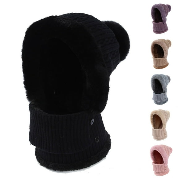 QQAMB Winter Knitted Hooded Hat Women Warm Thicken Fleece Lined Balaclava Hats Soft Pompom Faux Fur Scarf Mask Snow Caps