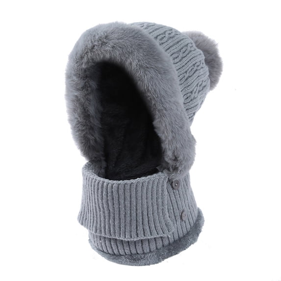 QQAMB Winter Knitted Hooded Hat Women Warm Thicken Fleece Lined Balaclava Hats Soft Pompom Faux Fur Scarf Mask Snow Caps
