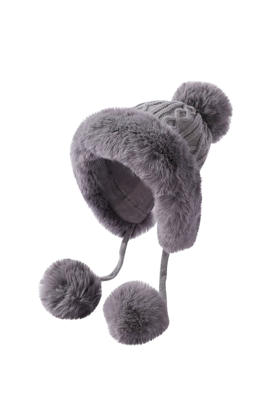 Winter Pompom Knit Hat for Women Fluffy Pompom Beanies Cap Faux Fur Crochet Skull Cap with Earflap