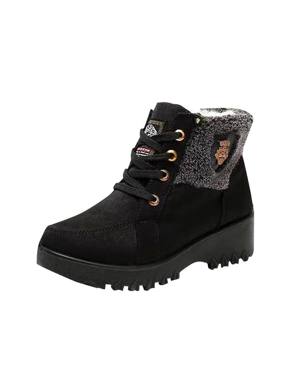 Winter Snow Ankle Boot for Women Chunky Fleece Lined Warm Boots Lace Tie Deep Tread Booties Suede Hiking Trendy Shoe