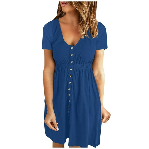 QQAMB Womans Dresses Summer Casual Boat Neck Elastic Waist Beach Sundress Plain Color Pleated Loose Flowy Mini Dress Blue XL