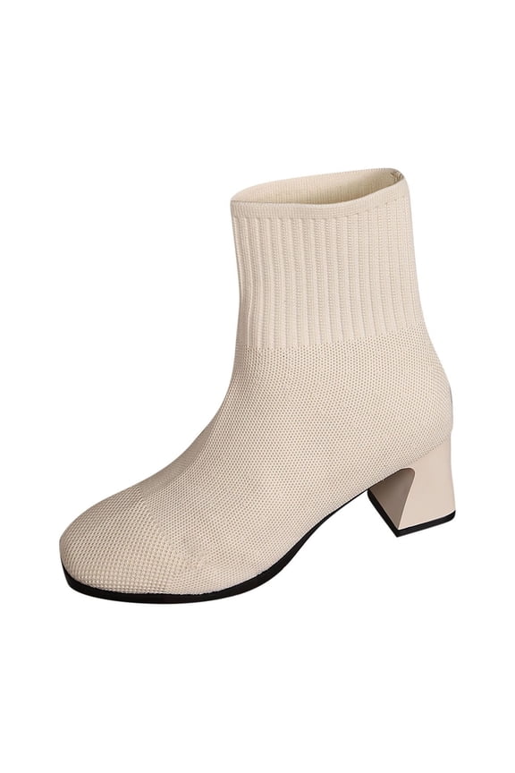 Women Ankle Boots Stretch Knit Pointed Toe Sock Booties Soft Chunky Mid Heel Bootie Slim Pull On Slouch Boot