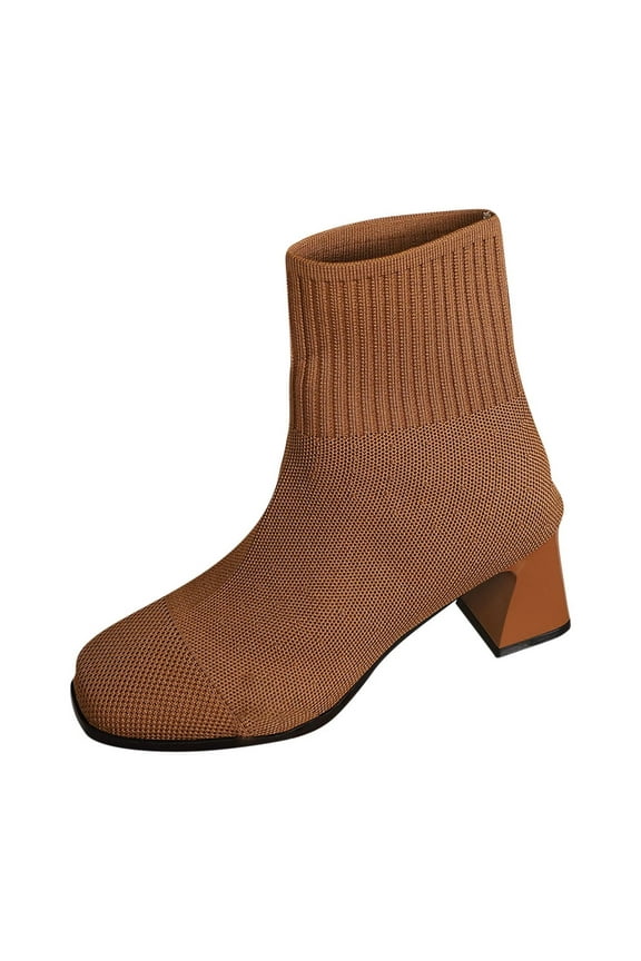 Women Ankle Boots Stretch Knit Pointed Toe Sock Booties Soft Chunky Mid Heel Bootie Slim Pull On Slouch Boot