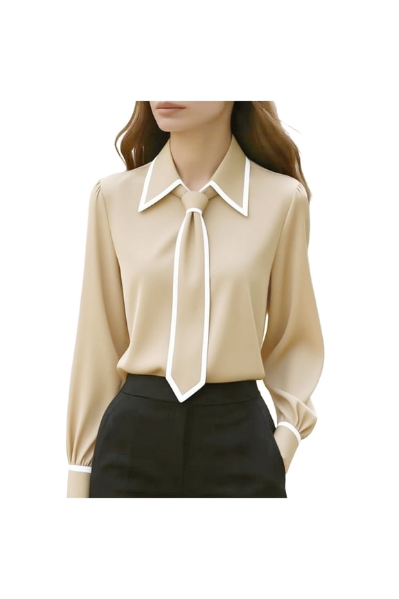Women Bow Tie Neck Blouse Long Sleeve Shirt Elegant Business Casual Dressy Top for Office Work