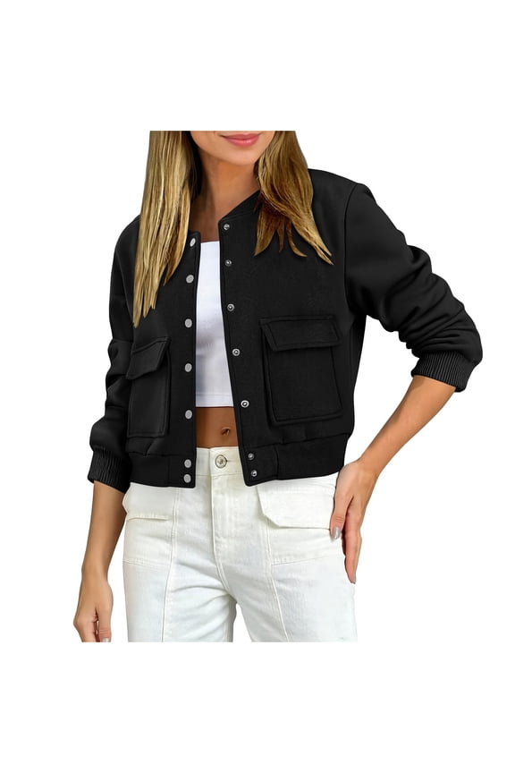 Women Cropped Bomber Jacket Casual Trendy Button Down Varsity Jackets Fall Outfits with Pocket Black S