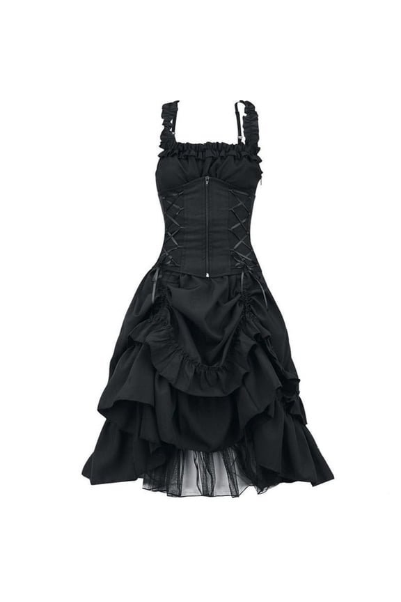 Women Dresses Plus Size Gothic Lace Trim Lace-up Ruffled Cinched Ruched High Low Midi Dress Black 2XL
