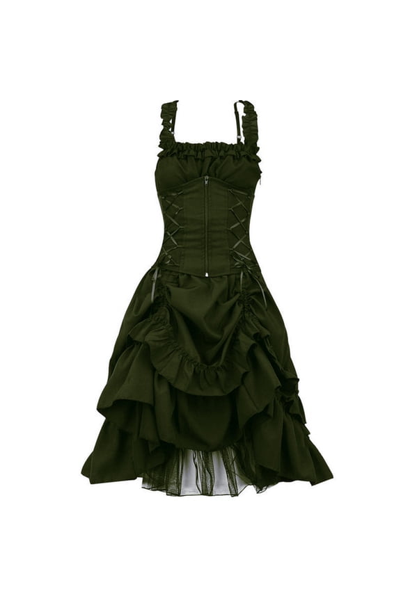 Women Dresses Plus Size Gothic Lace Trim Lace-up Ruffled Cinched Ruched High Low Midi Dress Green 2XL