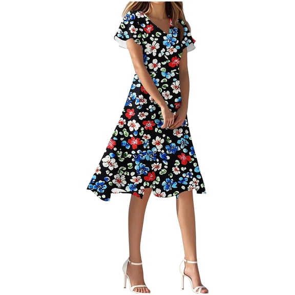 QQAMB Women Dresses V-Neck Flroal Printed Short Sleeve Back Zipper Dress Casual Swing Beach Wedding Party Dresses Black 2XL