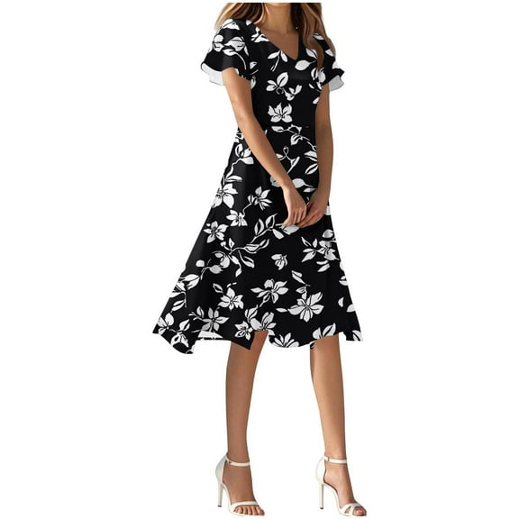 QQAMB Women Dresses V-Neck Flroal Printed Short Sleeve Back Zipper Dress Casual Swing Beach Wedding Party Dresses Black M