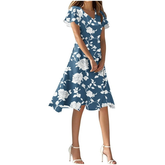 QQAMB Women Dresses V-Neck Flroal Printed Short Sleeve Back Zipper Dress Casual Swing Beach Wedding Party Dresses Navy 2XL