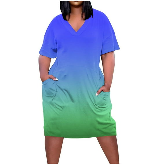QQAMB Women Dresses V-Neck Short Sleeve Plus Size Summer Dresses Fall Casual Loose T-Shirt Tunic Midi Dress Pajamas with Pockets Blue 3XL