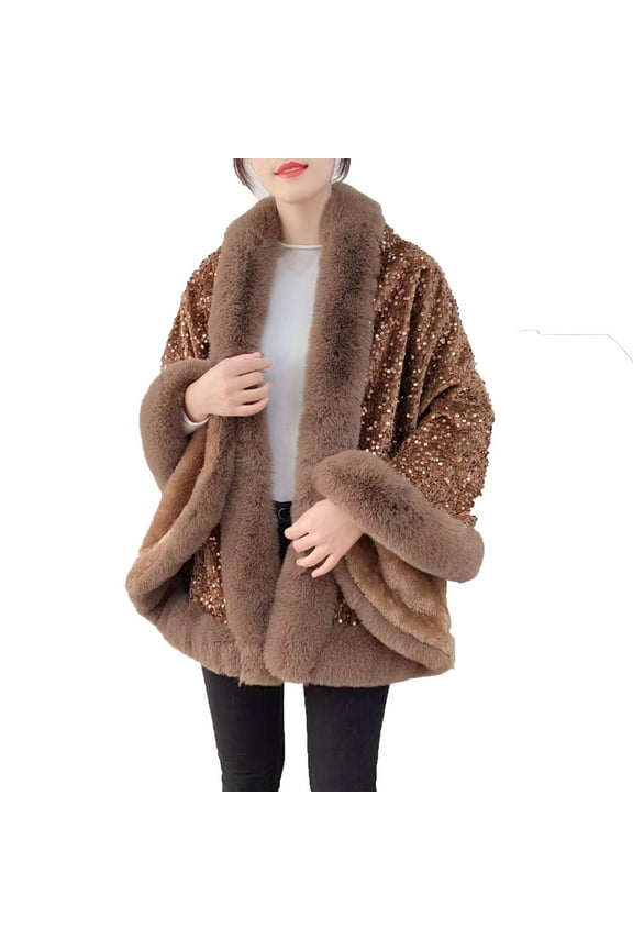 Women Faux Fur Shawl Wrap Open Front Poncho Cape Sequin Beaded Pashmina Oversized Sweaters Shawl Fall Winter