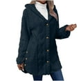 thumbnail image 1 of QQAMB Women Fleece Jacket Coat Button Up Sherpa Jacket with Hood Side Split Open Front Cardigan Coat Warm Winter Coats Dark Blue S, 1 of 8