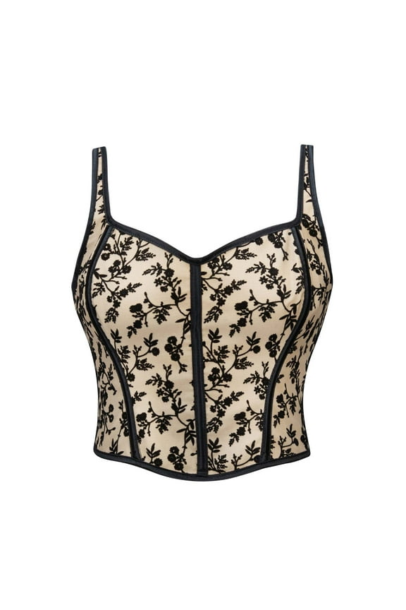 Women Floral Corset Crop Top Strap Boned Bustier Cute Lace Up Back Party Bodyshaper Renaissance Court Style Tank Tops