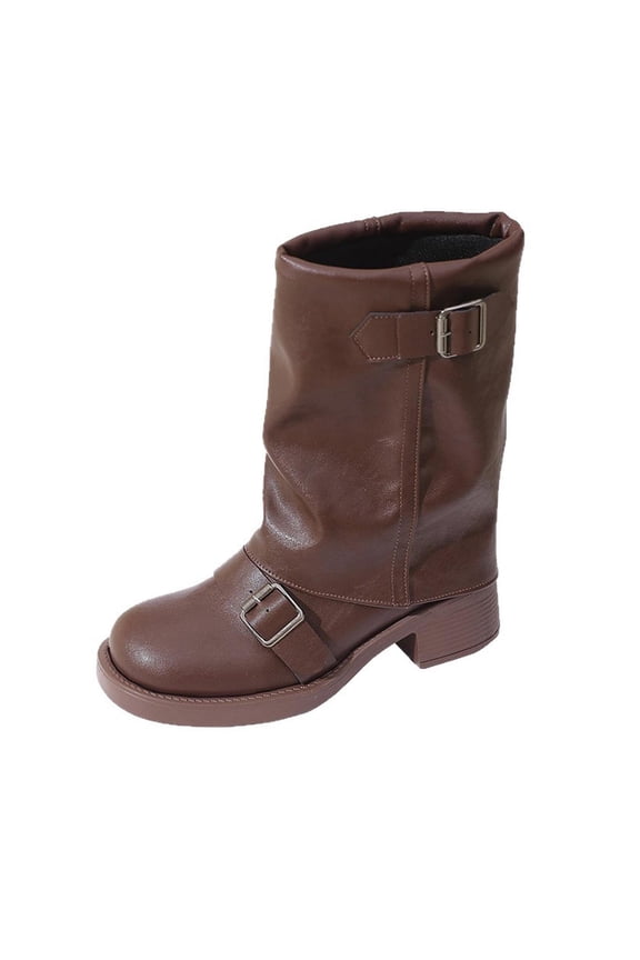 Women Fold Over Booties Chunky Mid Heeled Non Slip Mid Calf Boots Western Buckle Strap Wide Calf Poll On Boot