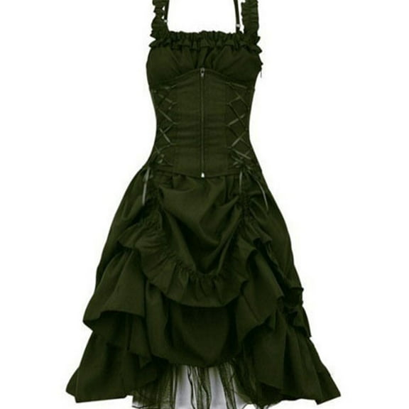 QQAMB Women Halloween Dresses Plus Size Strap Sleeveless Gothic Cross Lace-Up Ruffles Swing Midi Dress Vintage Goth Dress Army Green 4XL