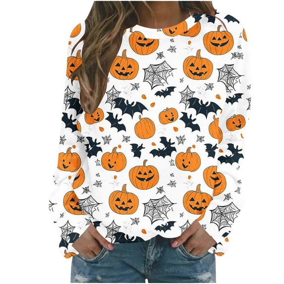QQAMB Women Halloween Tops Crewneck Ghost Pumpkin Printed Long Sleeve Sweatshirts Graphic Tops Casual Loose Pullover Shirts Multicolor L