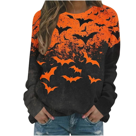 QQAMB Women Halloween Tops Crewneck Ghost Pumpkin Printed Long Sleeve Sweatshirts Graphic Tops Casual Loose Pullover Shirts Multicolor XL