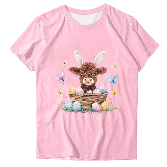 QQAMB Women Happy Easter T-Shirt Cute Easter Graphic Tee Easter Day Casual Crewneck Short Sleeve Tops Pink XL