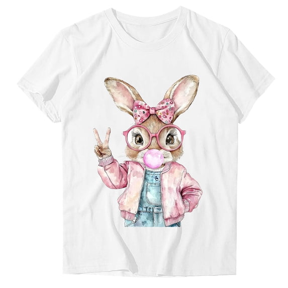 QQAMB Women Happy Easter T-Shirt Cute Easter Graphic Tee Easter Day Casual Crewneck Short Sleeve Tops White M