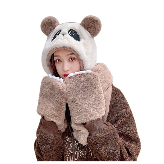 QQAMB Women Kawaii Bear Ear Thick Knitted Scarf Gloves Beanie Hat 3 in 1 - Balaclava Faux Fur Cute Fleece Sherpa Hat for Cycling