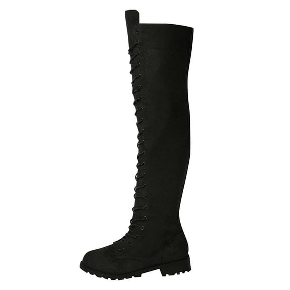 QQAMB Women Knee High Boot Pointed Toe Chunky Low Heel Boots Fall Winter Lace Up Outdoor Long Shoes with Half Zipper