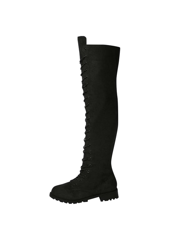 Women Knee High Boot Pointed Toe Chunky Low Heel Boots Fall Winter Lace Up Outdoor Long Shoes with Half Zipper