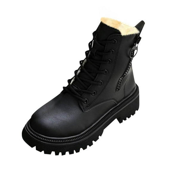QQAMB Women Mid Calf Boots Winter Fleece Lining Platform Booties Lace Up Pointed Toe Shoes Motorcycle Combat Boot with Zip