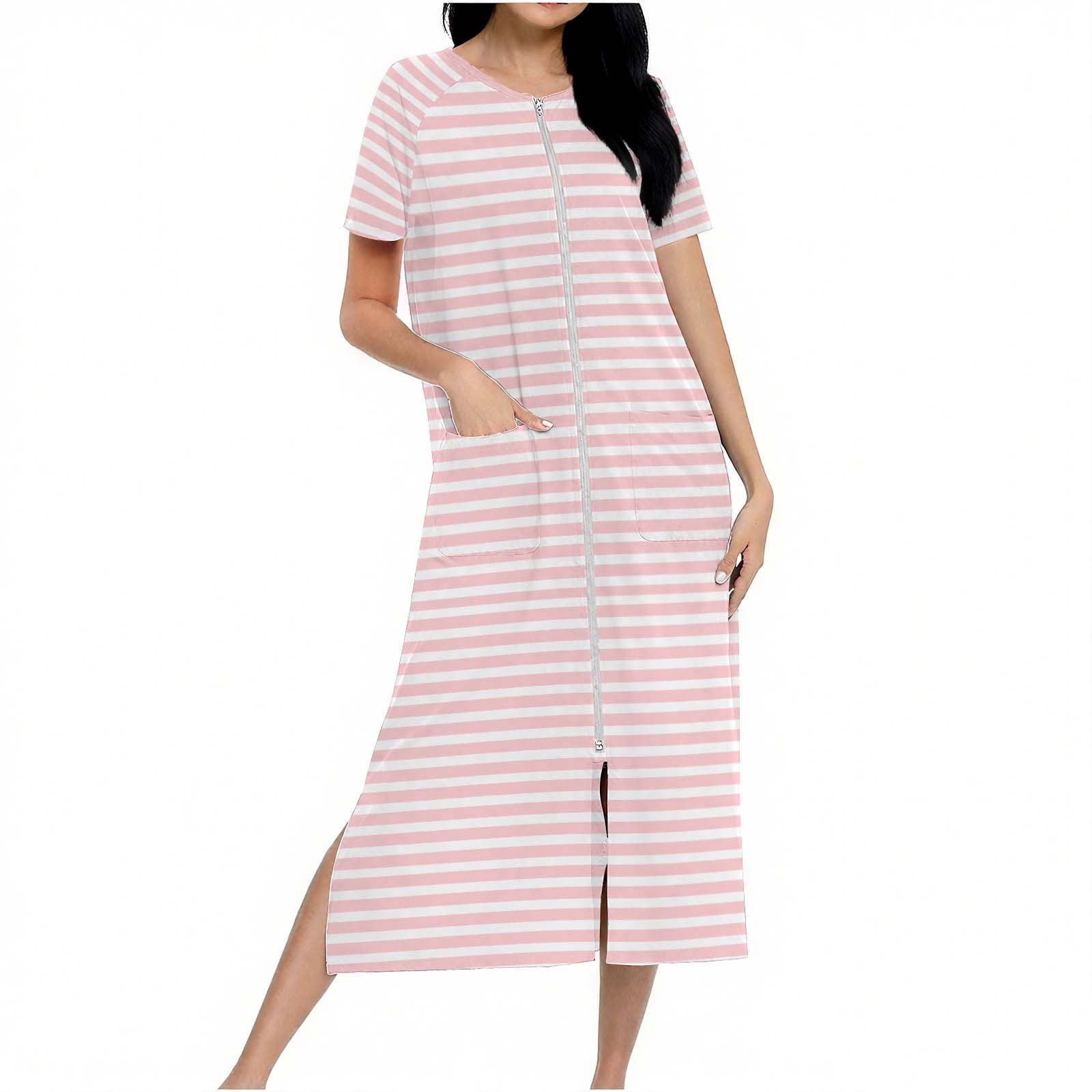 QQAMB Women Nightgown Zipper Robe Short Sleeve Loungewear Lightweight ...
