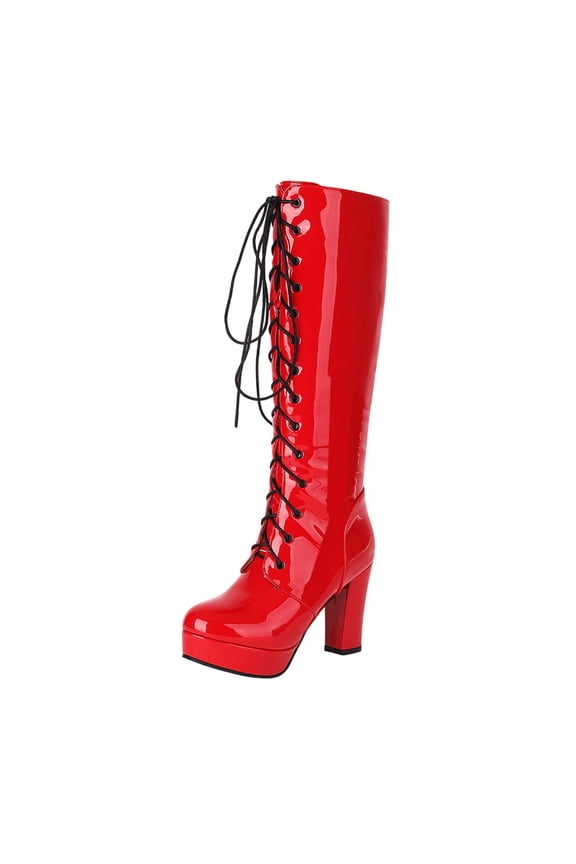 Women Patent Leather Knee High Boots Lace Up Platform Block High Heel Long Boots,Goth Knee High Boots Closed Toe Tall Boots