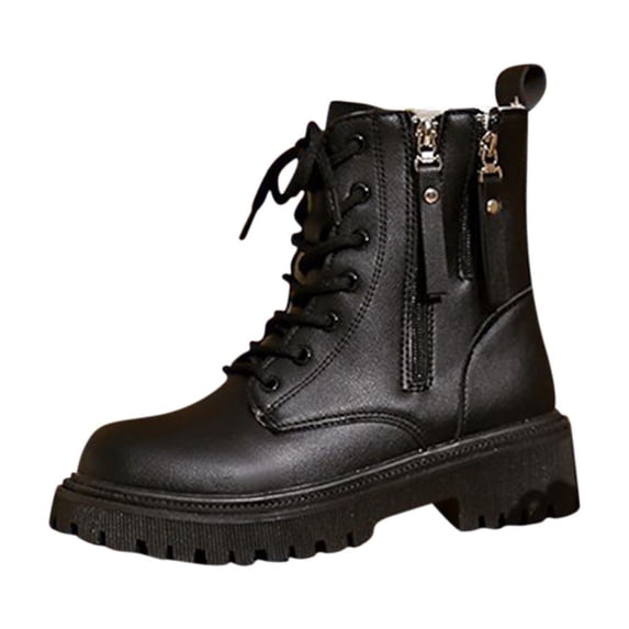 QQAMB Women Platform Ankle Boots Winter Warm Lace Up Round Toe Booties Leather Punk Combat Bootie Velvet Lining Short Boot