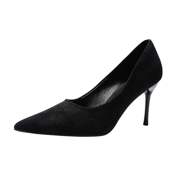 QQAMB Women Pointed Toe Heels Shiny Elegant Ladies Pumps Solid Stiletto Suede Soft Heeled Dress Shoes Comfort Work Formal Shoes