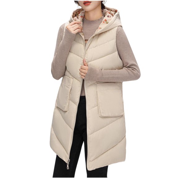 QQAMB Women Quilted Puffer Jacket Plus Size Winter Trendy Sleeveless Lightweight Coats Stand Collar Warm Outerwear with Pockets Beige M
