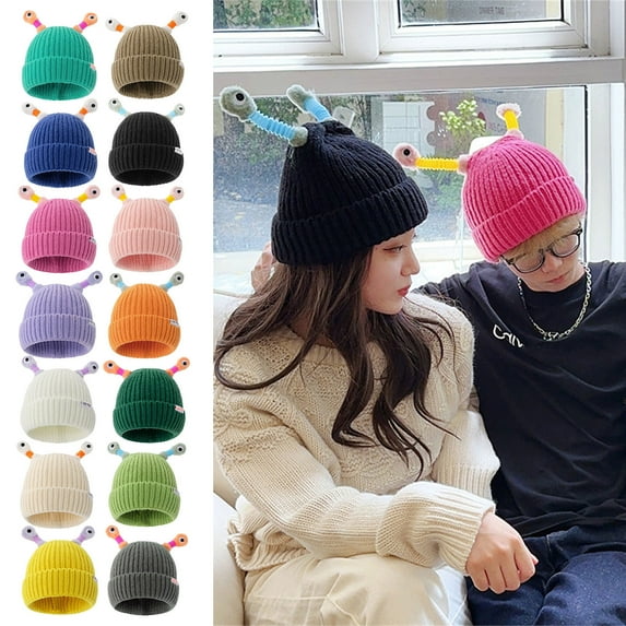 QQAMB Cute and Funny Knitted Beanie, Cartoon Glowing Little Monster Knit Hat with Eyes, Retractable Tentacles Beanie