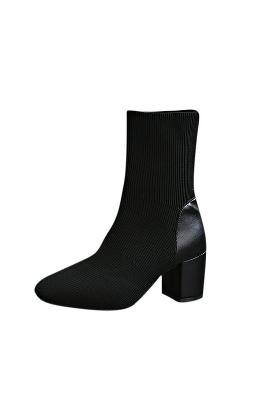 Women Sock Booties Chunky Mid Heeled Non Slip Combat Boots Stretch Knit Slim Fit Pull On Boot Pointed Toe Casual Shoes