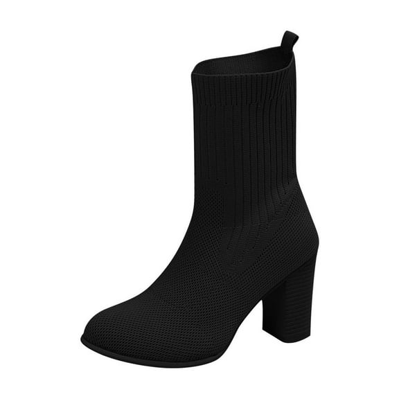 QQAMB Women Sock Booties Stretch Knit Solid Color Comfy Boots Chunky High Heel Breathable Bootie Soft Pull On Shoes