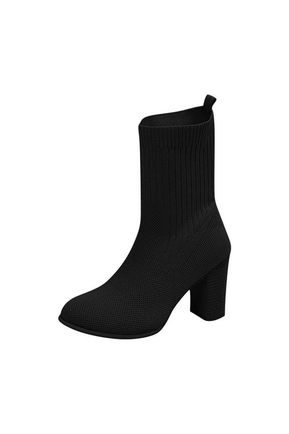 Women Sock Booties Stretch Knit Solid Color Comfy Boots Chunky High Heel Breathable Bootie Soft Pull On Shoes