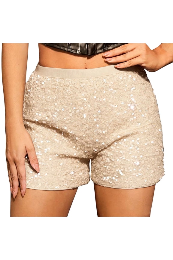 Women Sparkly Sequin Shorts Elastic Waist Glitter Straight Leg Shorts with Pockets Party Rave Hot Pants Clubwear Beige S