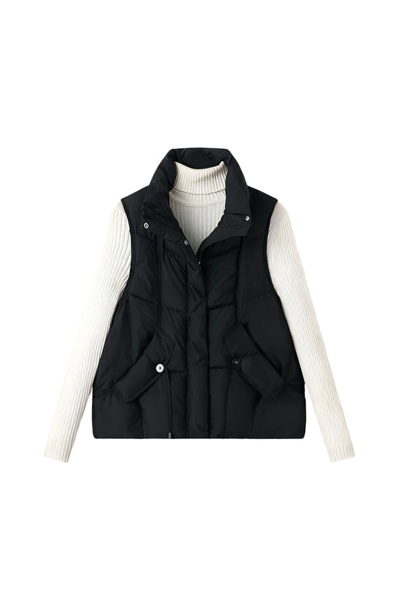 Women Vests Winter Lightweight Down Vest Solid Color Stand Collar Warm Jacket Sleeveless Casual Puffer Coats Black XL