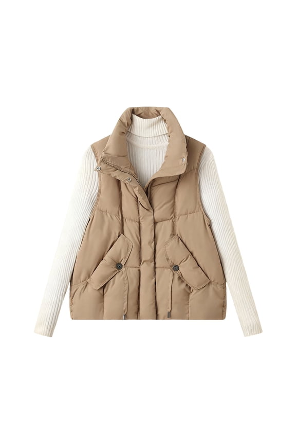 Women Vests Winter Lightweight Down Vest Solid Color Stand Collar Warm Jacket Sleeveless Casual Puffer Coats Khaki XL