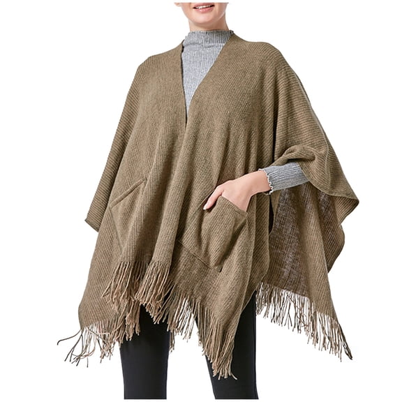 QQAMB Women Warm Shawl, Open Fornt Boho Knitting Stripe Pashmina Poncho With Tassel