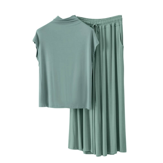 QQAMB Women's 2 Piece Pajamas Sets, Short Sleeve Modal Soft Mock Neck Top Matching Wide Leg Pants Summer Lounge Outfits Green M